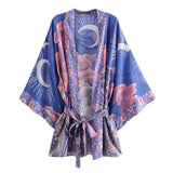 Cotton Kimono Boho Star Moon Print Sashes Women Bohemian V Neck Batwing Sleeves Short Robe Kimono, Gift For Her