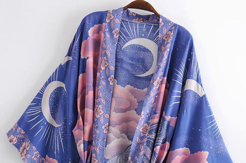 Cotton Kimono Boho Star Moon Print Sashes Women Bohemian V Neck Batwing Sleeves Short Robe Kimono, Gift For Her