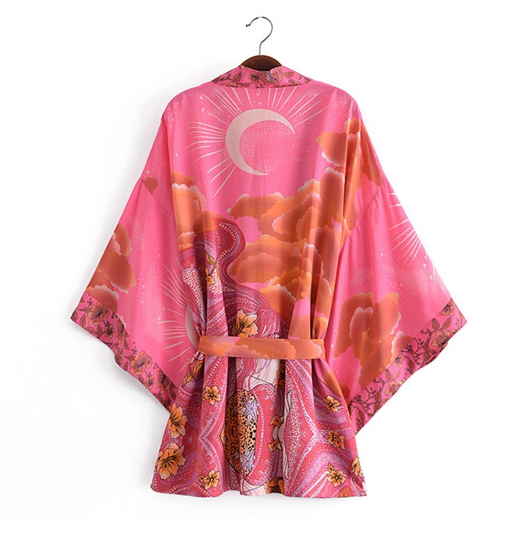 Cotton Kimono Boho Star Moon Print Sashes Women Bohemian V Neck Batwing Sleeves Short Robe Kimono, Gift For Her