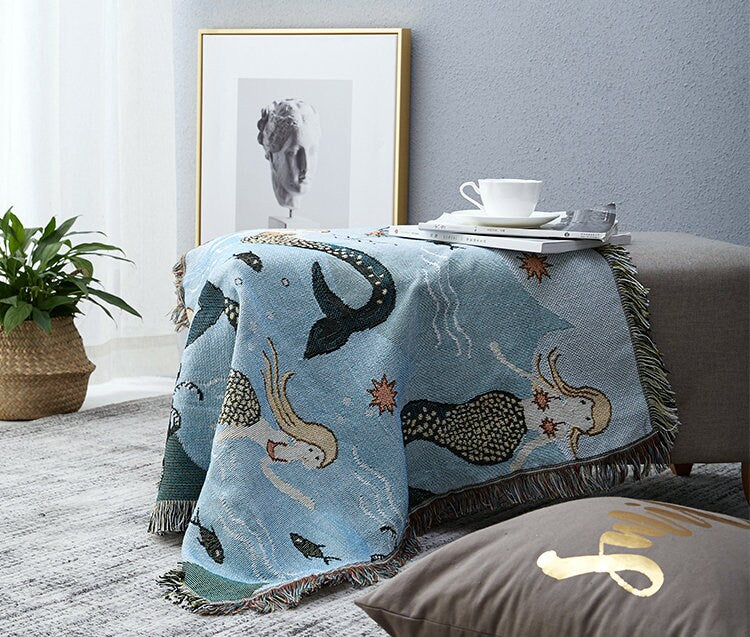 Mermaid of the Ocean sofa blanket, Wall Art Blanket, Large Woven Tapestry Jacquard Throw, Housewarming gift,Gift for Her, Decor