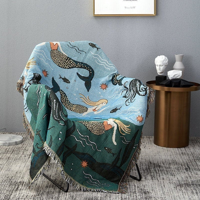 Mermaid of the Ocean sofa blanket, Wall Art Blanket, Large Woven Tapestry Jacquard Throw, Housewarming gift,Gift for Her, Decor