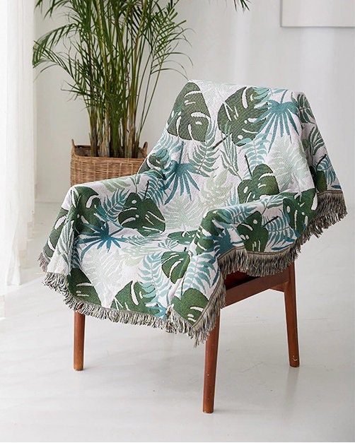 Tropical rain forest green leaves jacquard Woven Blankets, Sofa Blanket, Picnic blanket,Beach blanke,Double-Sided Use,Housewarming gift.