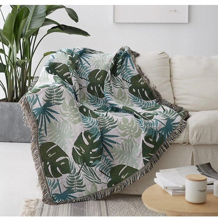 Tropical rain forest green leaves jacquard Woven Blankets, Sofa Blanket, Picnic blanket,Beach blanke,Double-Sided Use,Housewarming gift.