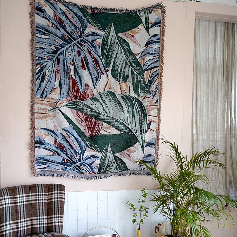 Tropical rain forest green leaves jacquard Woven Blankets, Sofa Blanket, Picnic blanket,Beach blanke,Double-Sided Use,Housewarming gift.