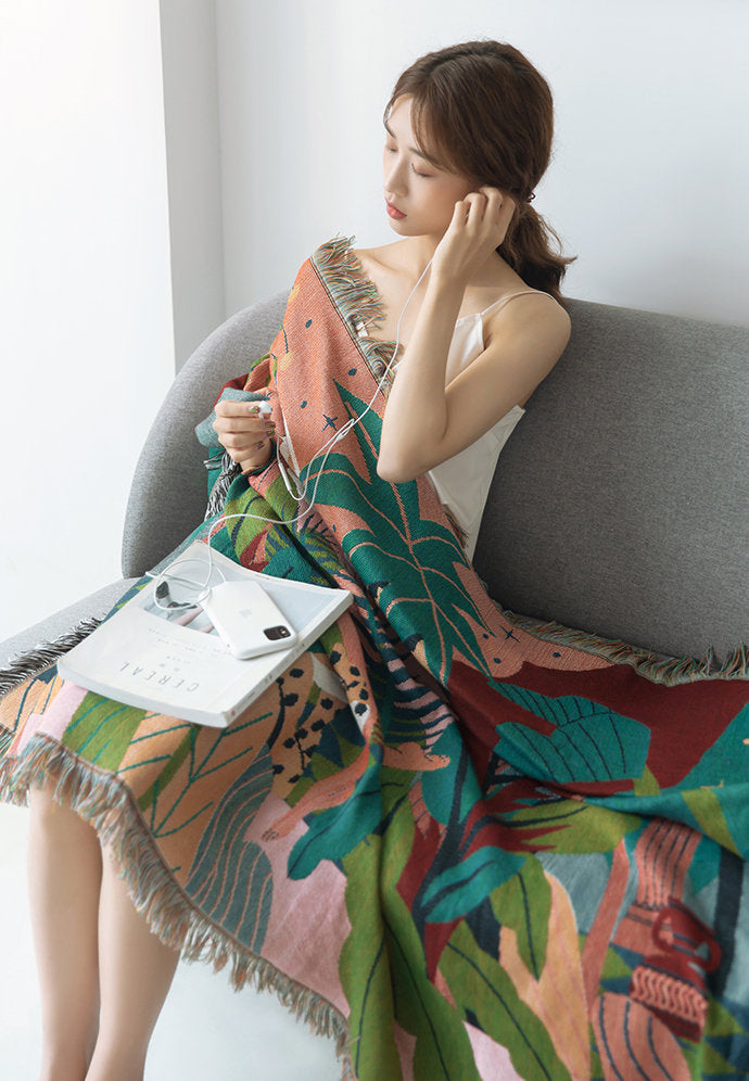 Jungle Boho Blanket, Eclectic Furniture Throw, Leopard Picnic Blanket, Outdoor Garden Cotton Knitted Blanket, Matisse Amazon Wall Hanging