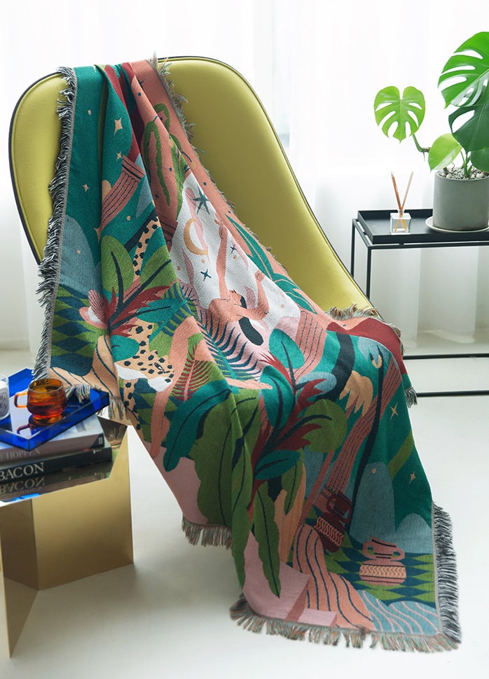 Jungle Boho Blanket, Eclectic Furniture Throw, Leopard Picnic Blanket, Outdoor Garden Cotton Knitted Blanket, Matisse Amazon Wall Hanging