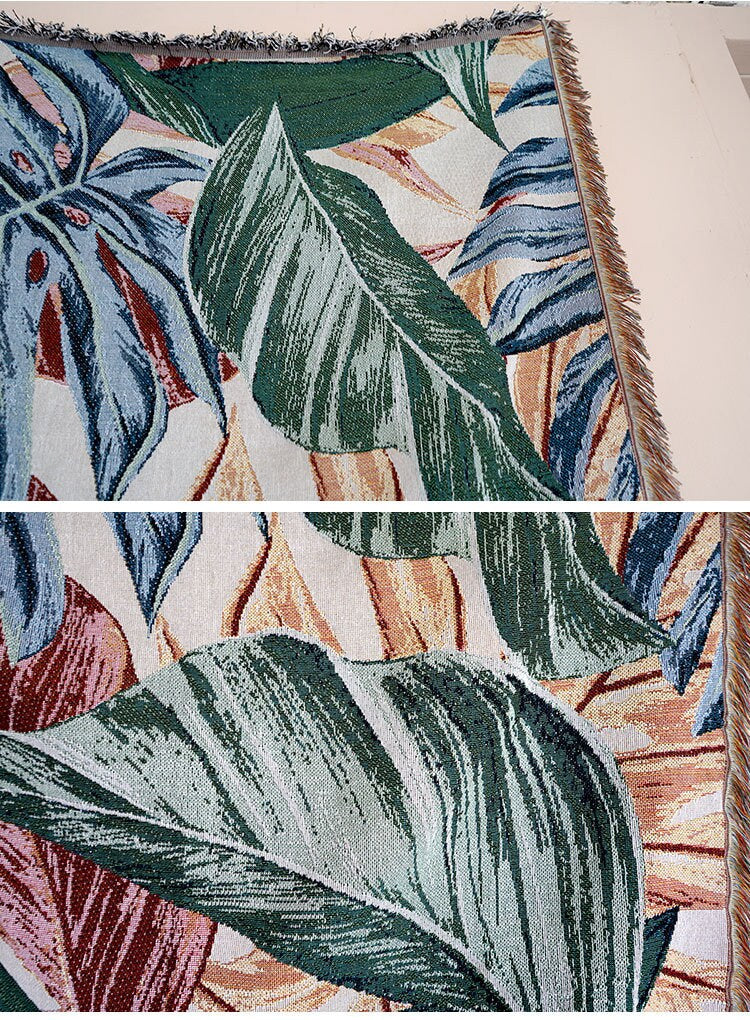 Tropical rain forest green leaves jacquard Woven Blankets, Sofa Blanket, Picnic blanket,Beach blanke,Double-Sided Use,Housewarming gift.