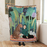 Leopard and girl Cozy Nap Throw Blanket, Sofa Blanket, Woven Fringed, Sofa Throw Tapestry Throw, Housewarming gift.