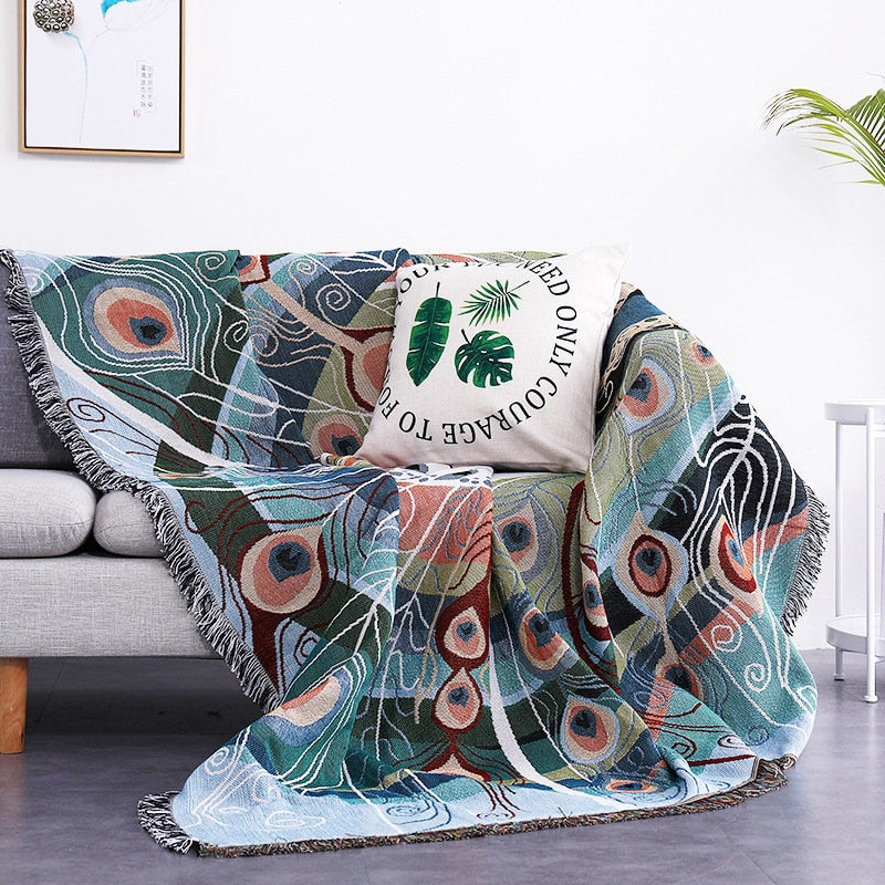 Peacock pattern sofa blanket, Double-Sided Use Sofa Throw Blanket, Large Woven Tapestry Jacquard Throw, Housewarming gift.