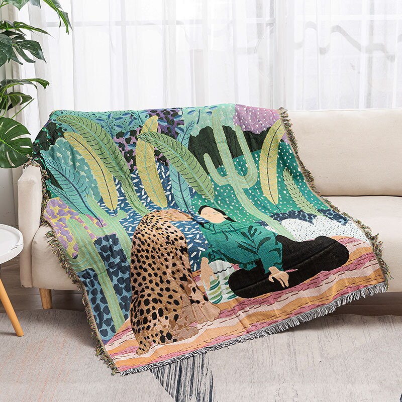 Leopard and girl Cozy Nap Throw Blanket, Sofa Blanket, Woven Fringed, Sofa Throw Tapestry Throw, Housewarming gift.