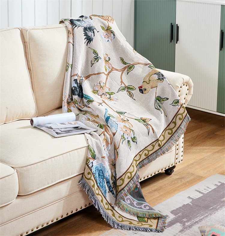 Flower w/bird Jacquard blanket，Sofa Throw，Tapestry，Shawl blanket，Leisure blanket，Decorative blanket，Bedspread，Bedroom blanket，Gift for Her