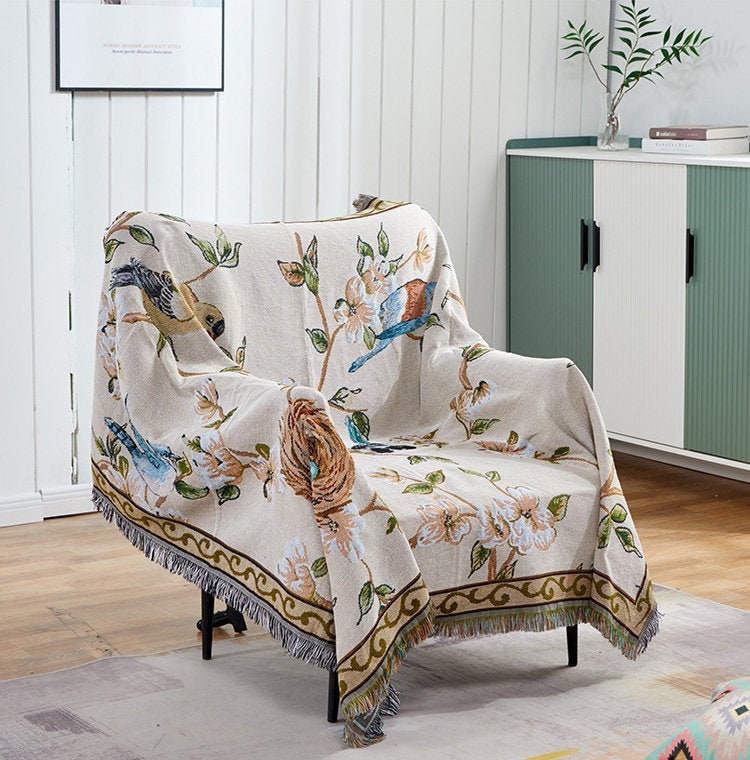 Flower w/bird Jacquard blanket，Sofa Throw，Tapestry，Shawl blanket，Leisure blanket，Decorative blanket，Bedspread，Bedroom blanket，Gift for Her
