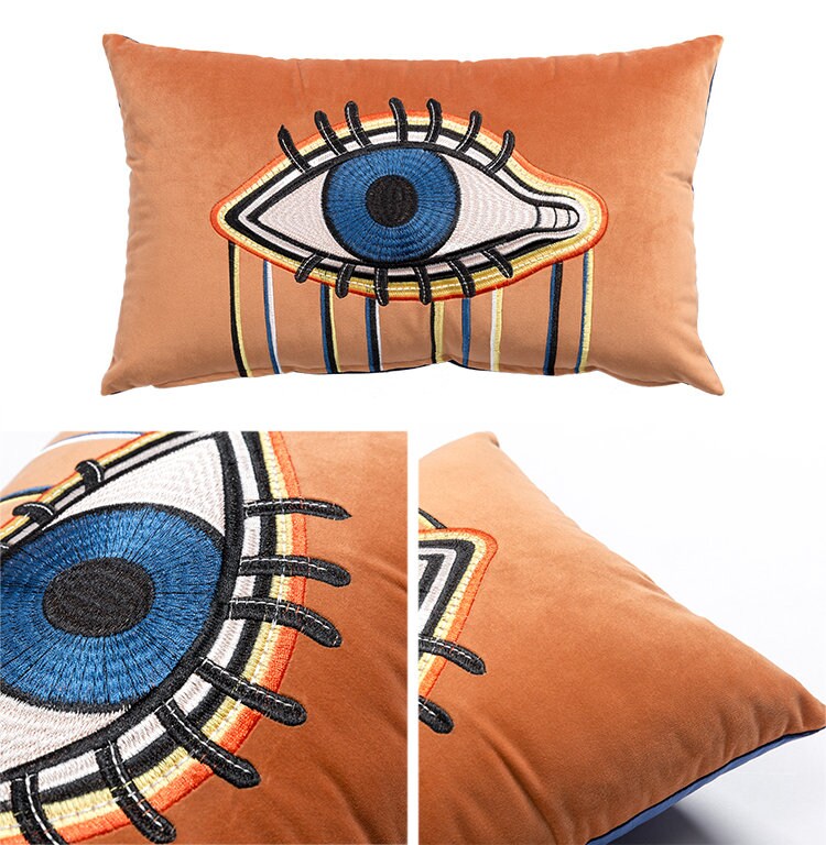 Evil Eye Velvet Embroidery Cushion, Embroidery Pillow Covers, Decorative Pillows, Housewarming gift