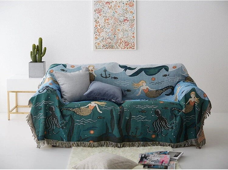 Mermaid of the Ocean sofa blanket, Wall Art Blanket, Large Woven Tapestry Jacquard Throw, Housewarming gift,Gift for Her, Decor