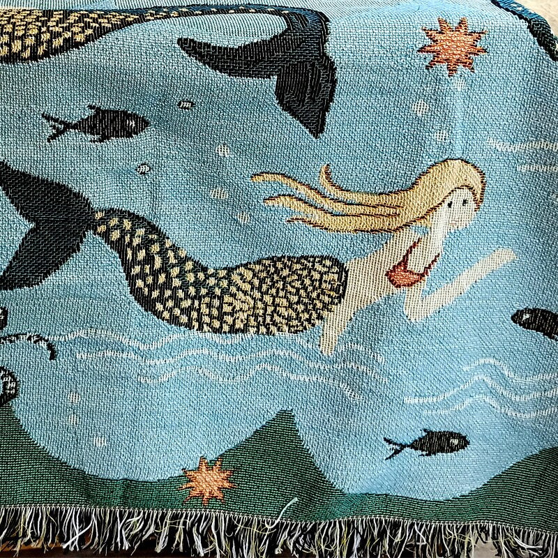 Mermaid of the Ocean sofa blanket, Wall Art Blanket, Large Woven Tapestry Jacquard Throw, Housewarming gift,Gift for Her, Decor