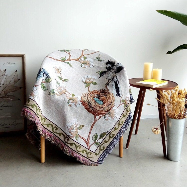 Flower w/bird Jacquard blanket，Sofa Throw，Tapestry，Shawl blanket，Leisure blanket，Decorative blanket，Bedspread，Bedroom blanket，Gift for Her