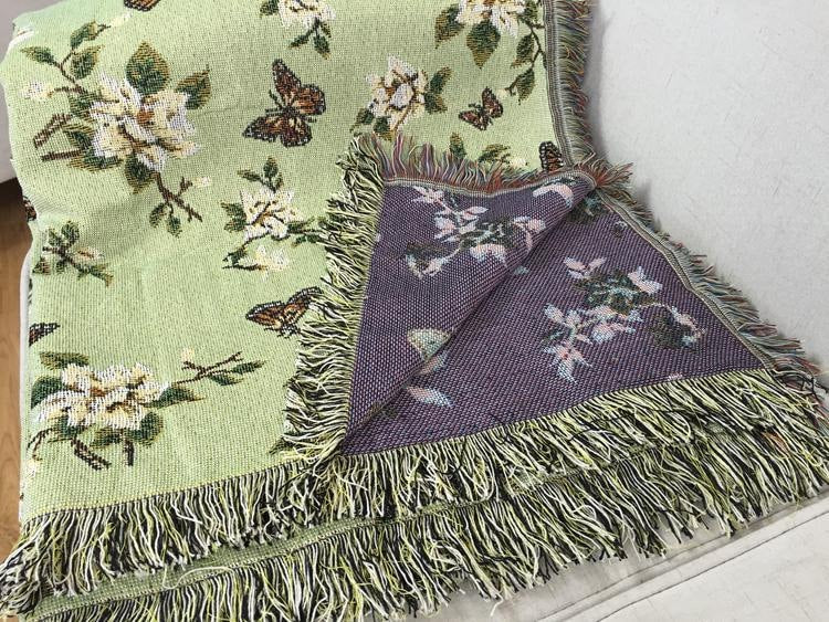 Floral butterfly jacquard blanket,Green jacquard blanket,Woven Large Throw, Sofa Blanket, Picnic blanket,Beach blanke,Housewarming gift.