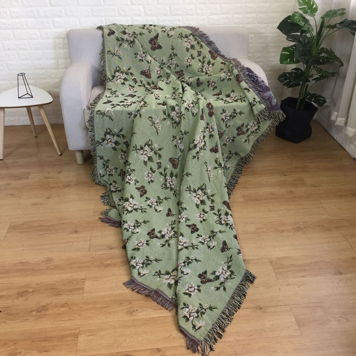 Floral butterfly jacquard blanket,Green jacquard blanket,Woven Large Throw, Sofa Blanket, Picnic blanket,Beach blanke,Housewarming gift.
