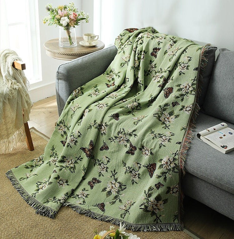 Floral butterfly jacquard blanket,Green jacquard blanket,Woven Large Throw, Sofa Blanket, Picnic blanket,Beach blanke,Housewarming gift.