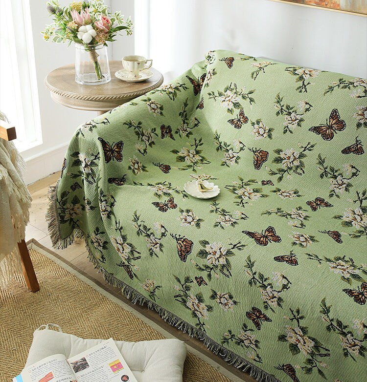 Floral butterfly jacquard blanket,Green jacquard blanket,Woven Large Throw, Sofa Blanket, Picnic blanket,Beach blanke,Housewarming gift.