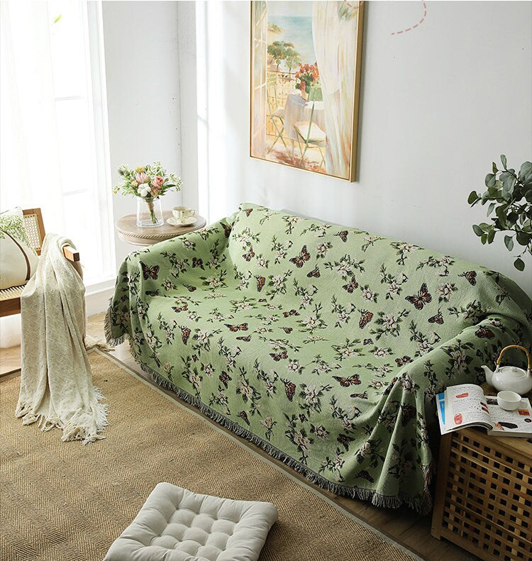 Floral butterfly jacquard blanket,Green jacquard blanket,Woven Large Throw, Sofa Blanket, Picnic blanket,Beach blanke,Housewarming gift.