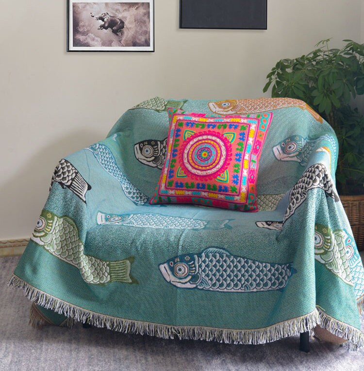 More fish jacquard Woven Blankets, Sofa Blanket, Picnic blanket,Beach blanke,Double-Sided Use,Housewarming gift.