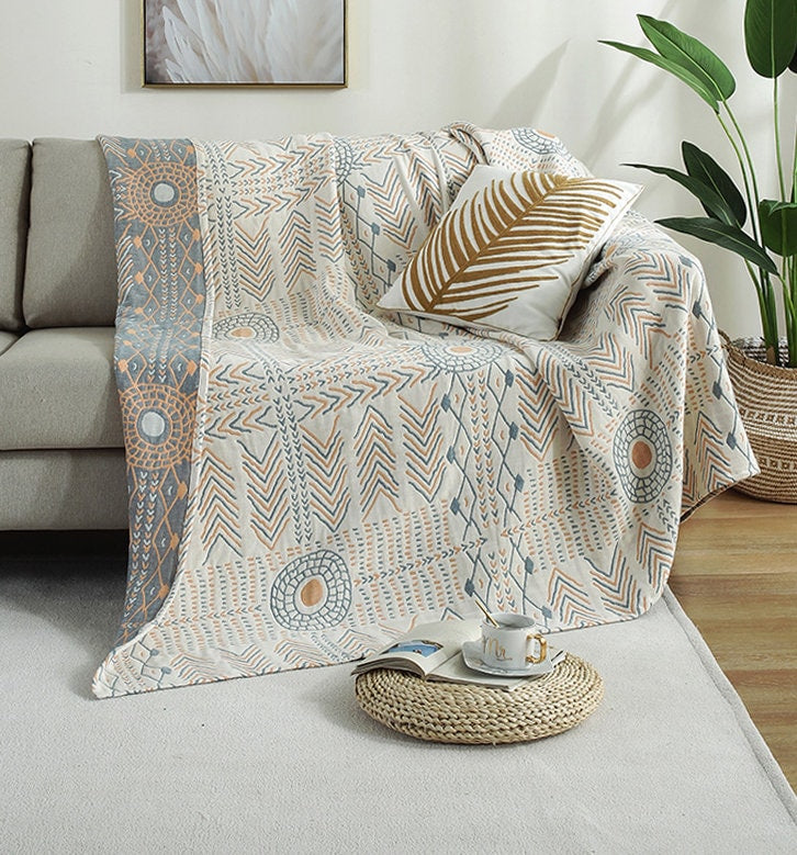 Bohemia Cotton Blanket Throw,Cotton Blanket 4-Layers Double-sided Woven Home Decor Bedding,Cozy Nap Throw Blanket,Housewarming gift.