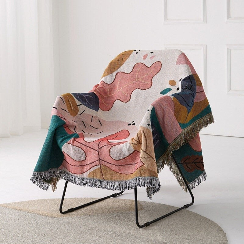 Cartoon leaves jacquard woven blankets, Sofa Blanket, Picnic blanket,Beach blanke,Double-Sided Use,Housewarming gift.