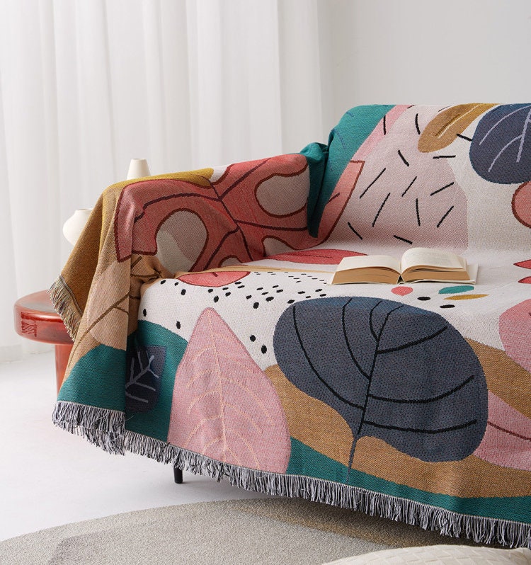 Cartoon leaves jacquard woven blankets, Sofa Blanket, Picnic blanket,Beach blanke,Double-Sided Use,Housewarming gift.