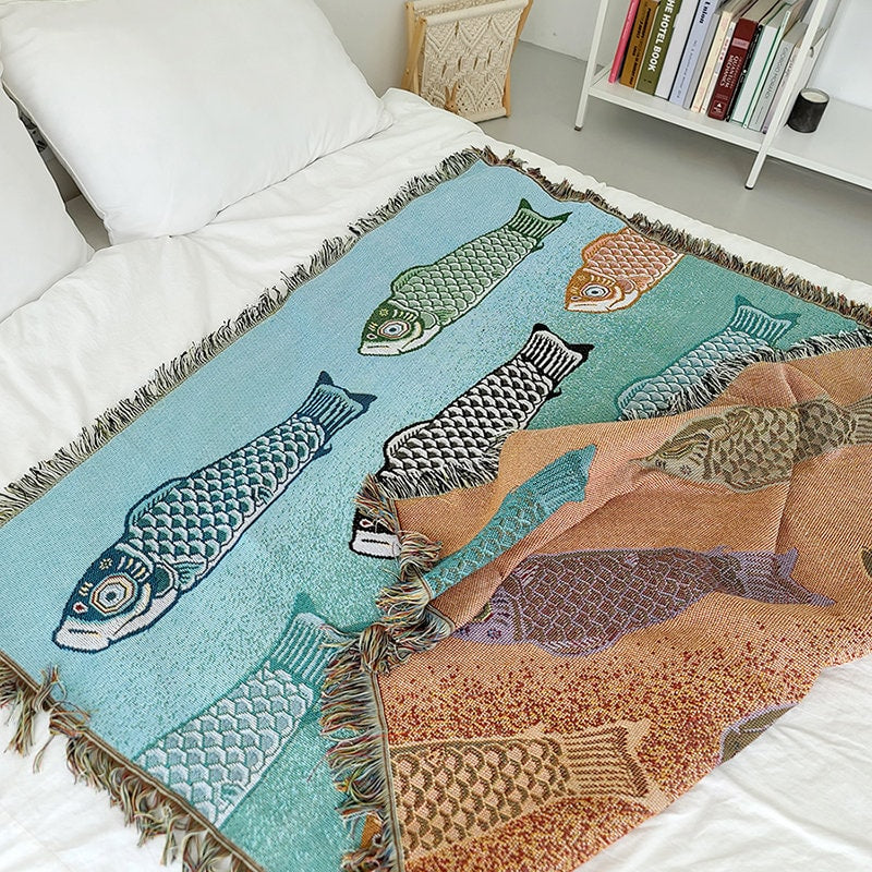More fish jacquard Woven Blankets, Sofa Blanket, Picnic blanket,Beach blanke,Double-Sided Use,Housewarming gift.