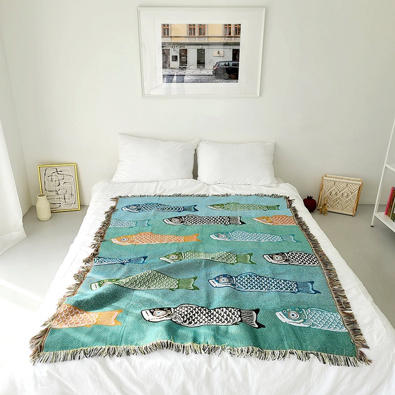 More fish jacquard Woven Blankets, Sofa Blanket, Picnic blanket,Beach blanke,Double-Sided Use,Housewarming gift.