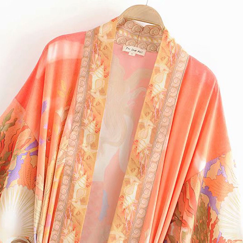 Kimono Boho Mermaid Print Sashes Women Bohemian V Neck Batwing Sleeves Long Robe Kimono,Gift For Her