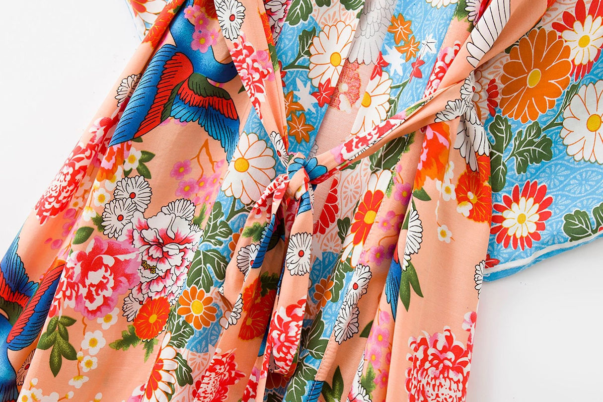 Cotton Kimono Boho Vintage Fly Bird Print Sashes Women Bohemian V Neck Batwing Sleeves happy short robe Kimono Jacket,gift for her