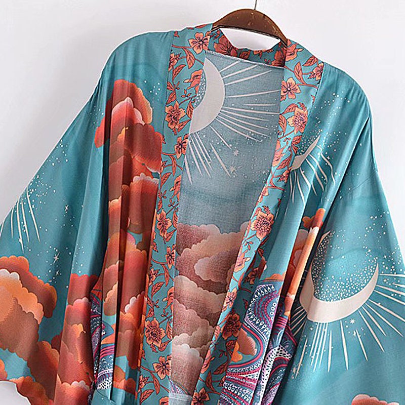 Cotton Kimono Boho Star Moon Print Sashes Women Bohemian V Neck Batwing Sleeves Short Robe Kimono, Gift For Her