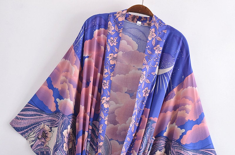 Cotton Kimono Boho Star Moon Print Sashes Women Bohemian V Neck Batwing Sleeves Short Robe Kimono, Gift For Her