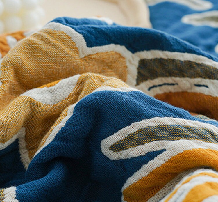 Five Layers Cotton Blanket 100% cotton bedcover Sofa Blanket,Yellow Edging Decorative Bed Woven Cotton Blanket,Housewarming gift.
