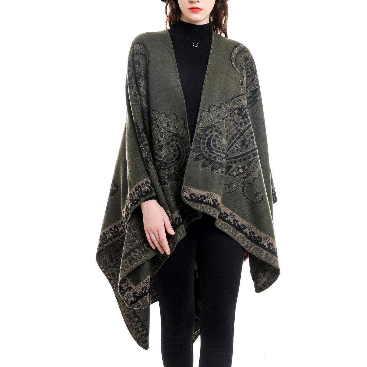 Winter Women's  Cashew pattern Shawl Wrap Plus Size Cardigan Poncho Cape Open Front Long Winter Sweater Coat,Cozy Warm Fashion Cloak Scarf