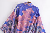 Cotton Kimono Boho Star Moon Print Sashes Women Bohemian V Neck Batwing Sleeves Short Robe Kimono, Gift For Her