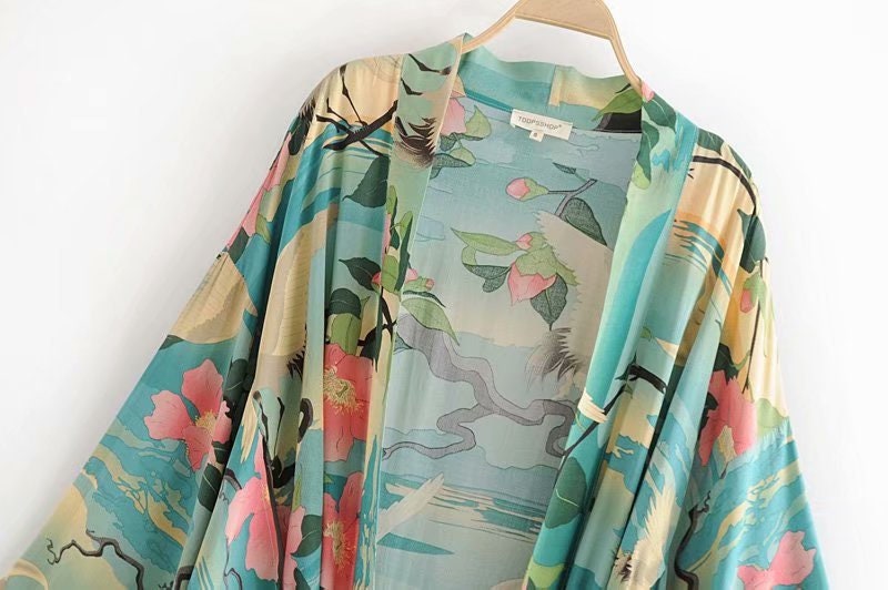 Cotton Kimono Boho Vintage Lotus Crane Print Sashes Women Bohemian V Neck Batwing Sleeves happy short robe Kimono Jacket,gift for her