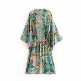 Cotton Kimono Boho Vintage Lotus Crane Print Sashes Women Bohemian V Neck Batwing Sleeves happy short robe Kimono Jacket,gift for her