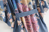 Kimono Boho Vintage Blue Peacock Print Sashes Women Bohemian V Neck Batwing Sleeves Happy Short Robe Kimono Jacket,Gift For Her