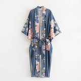 Kimono Boho Vintage Blue Peacock Print Sashes Women Bohemian V Neck Batwing Sleeves Happy Short Robe Kimono Jacket,Gift For Her