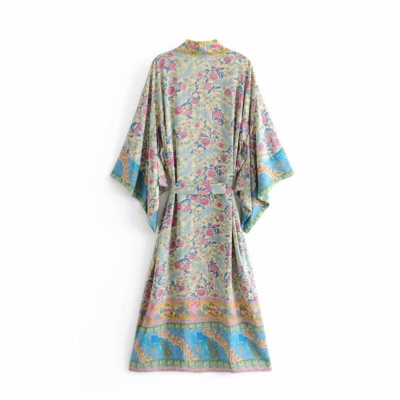 Kimono Boho Vintage cotton phoenix tail  print Sashes Women Bohemian V Neck Batwing Sleeves long robe Kimono Jacket,gift for her