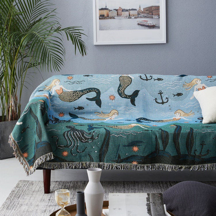 Mermaid of the Ocean sofa blanket, Wall Art Blanket, Large Woven Tapestry Jacquard Throw, Housewarming gift,Gift for Her, Decor