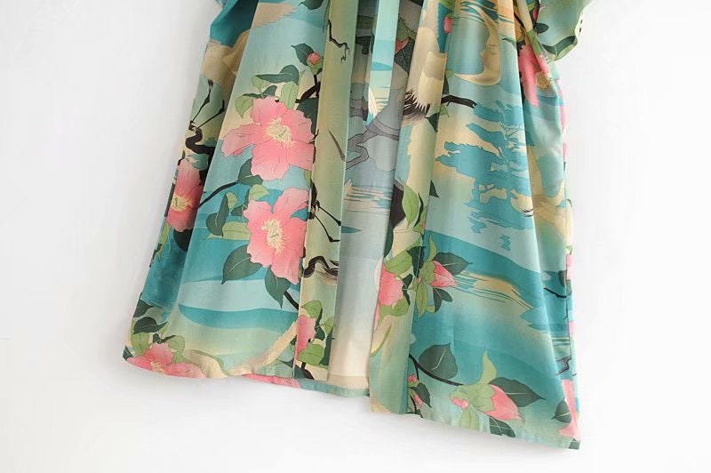 Cotton Kimono Boho Vintage Lotus Crane Print Sashes Women Bohemian V Neck Batwing Sleeves happy short robe Kimono Jacket,gift for her