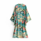 Cotton Kimono Boho Vintage Lotus Crane Print Sashes Women Bohemian V Neck Batwing Sleeves happy short robe Kimono Jacket,gift for her