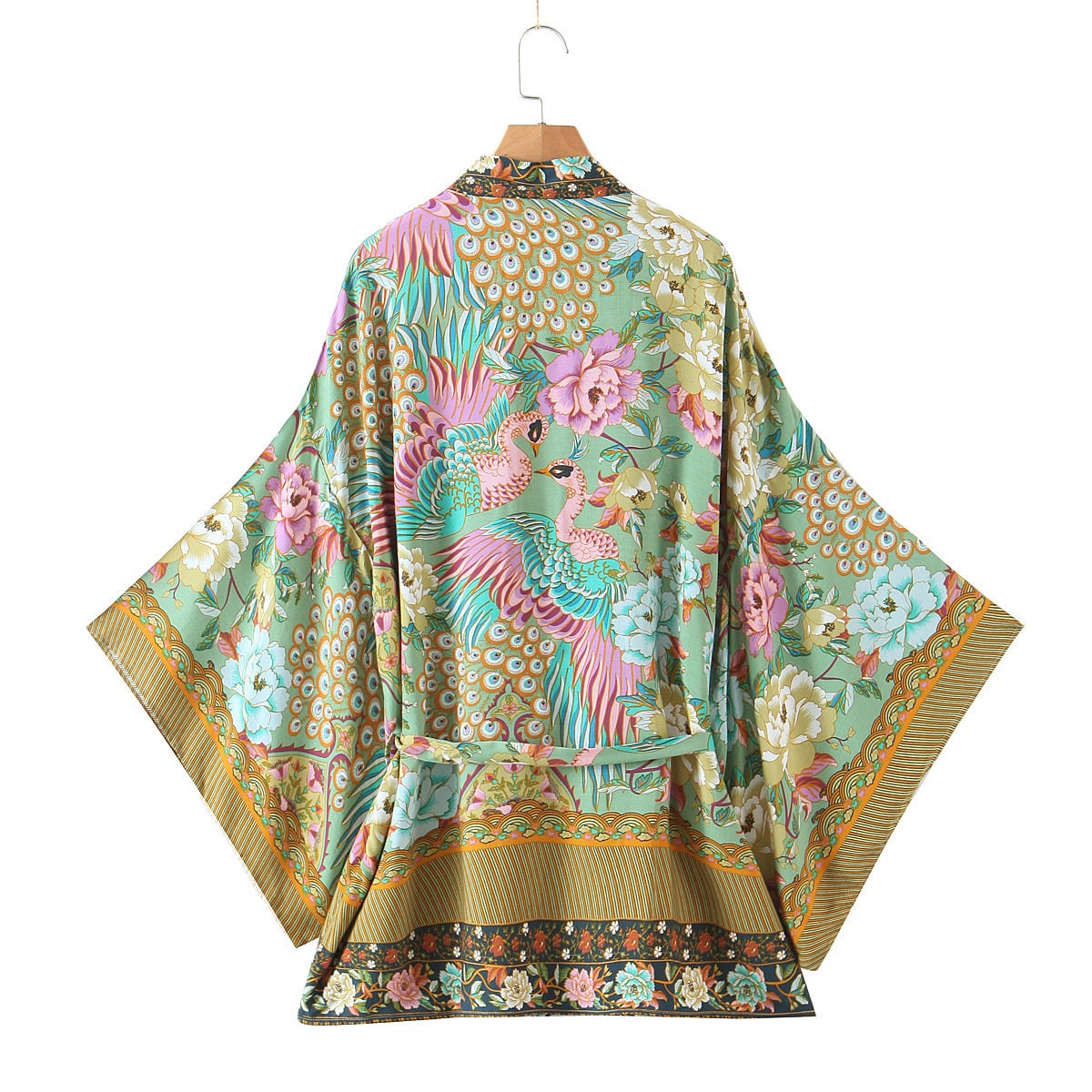 Cotton Kimono Boho Phoenix Floral Print Sashes Women Bohemian V Neck Batwing Sleeves short robe Kimono,Gifts for women