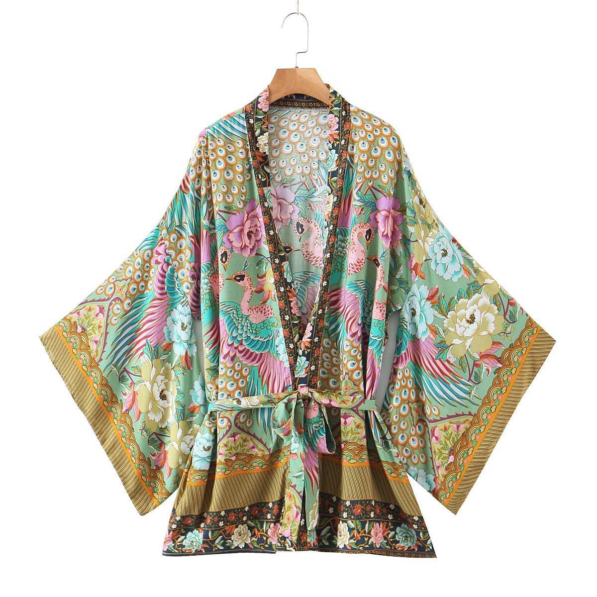 Cotton Kimono Boho Phoenix Floral Print Sashes Women Bohemian V Neck Batwing Sleeves short robe Kimono,Gifts for women