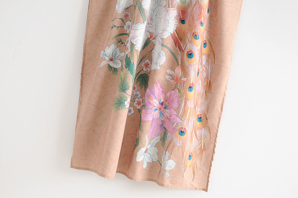 Kimono Boho Vintage peacock print Sashes Women Bohemian V Neck Batwing Sleeves happy long robe Kimono Jacket,gift for her