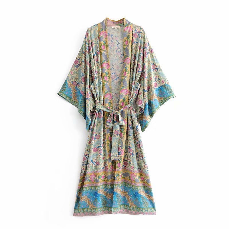 Kimono Boho Vintage cotton phoenix tail  print Sashes Women Bohemian V Neck Batwing Sleeves long robe Kimono Jacket,gift for her